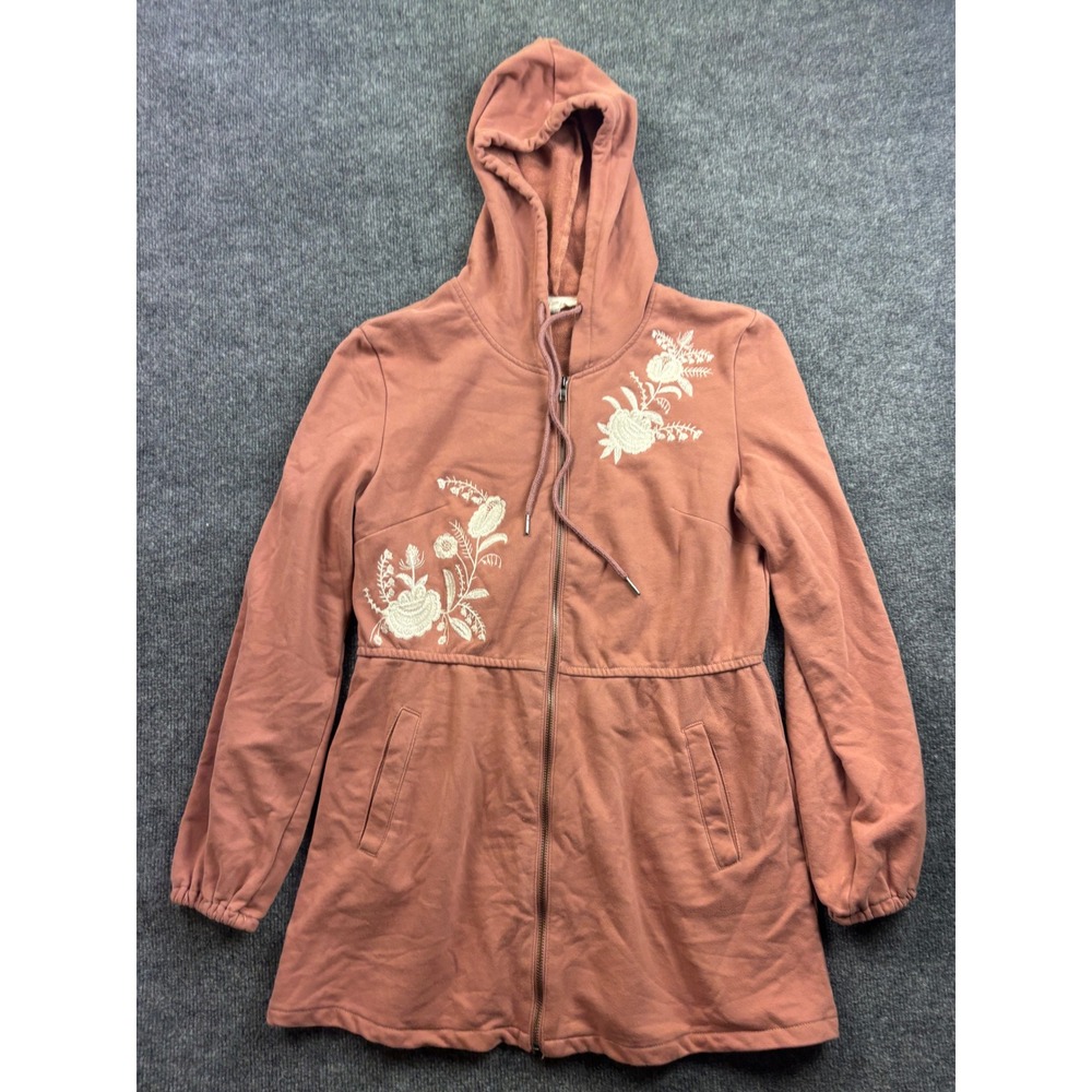 Solitaire Zip Up Hoodie Womens Medium Pink Floral Embroidered Longline Boho